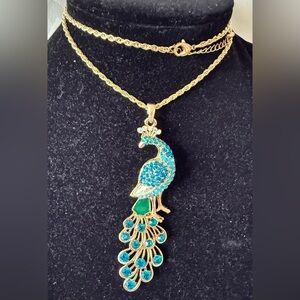 Allan Gold Tone and Blue Peacock Pendant Necklace Rhinestones 24”